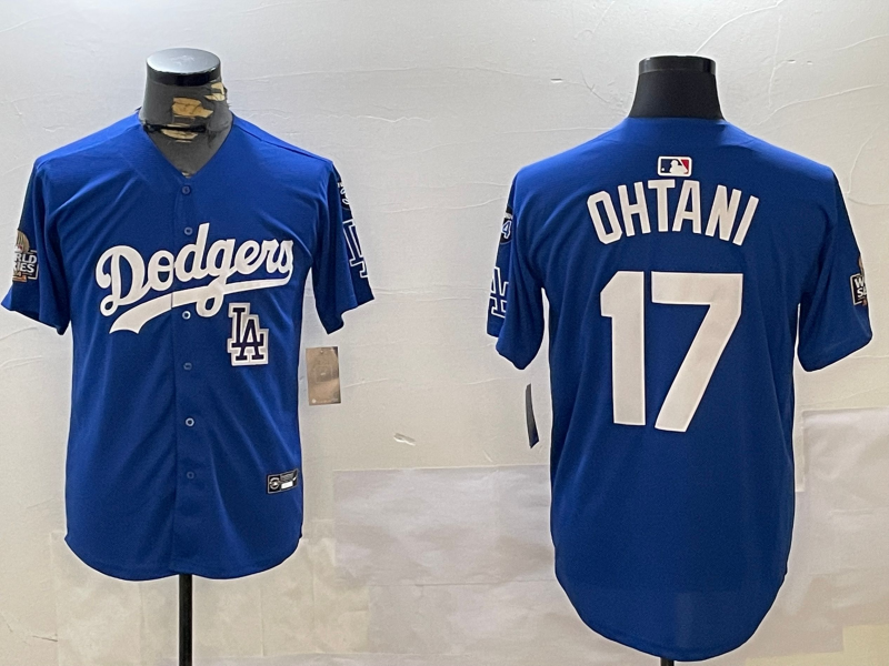Men Los Angeles Dodgers 17 Ohtani 2024 World series patch blue jersey 20241120122